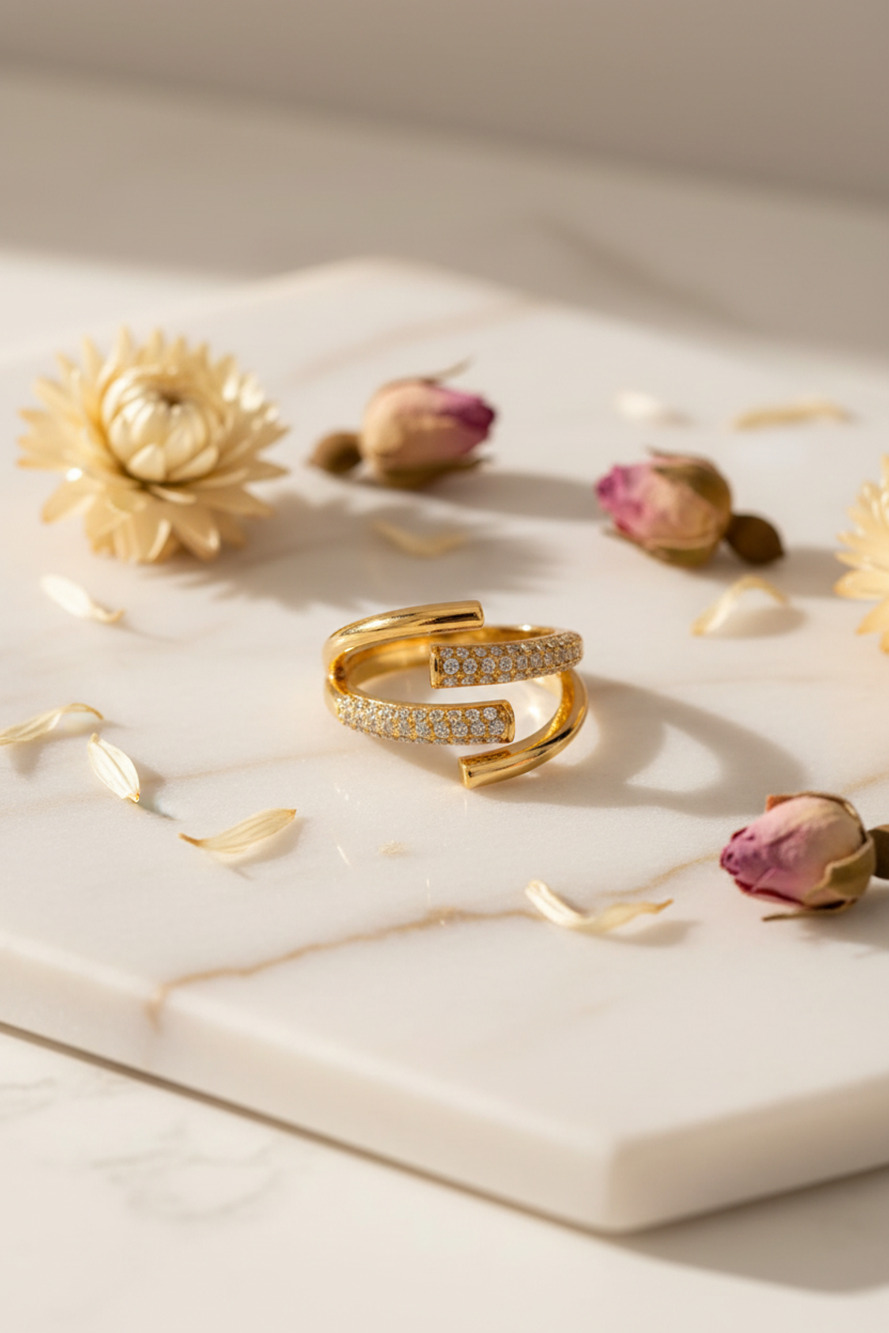 Double Wrap Pavé Ring — Gold & Silver | Adjustable Open Band